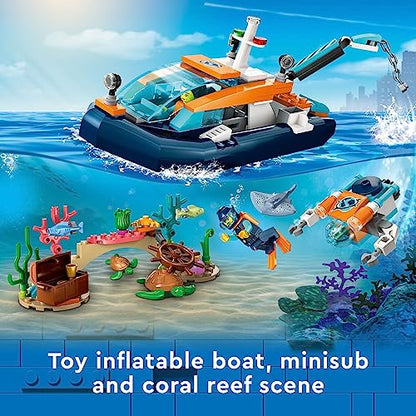 LEGO City Explorer Diving Boat 60377 Ocean Building Toy, Includes a Coral Reef Setting, Mini-Submarine, 3 Minifigures and Manta Ray, Shark, Crab, 2 Fish and 2 Turtle Figures