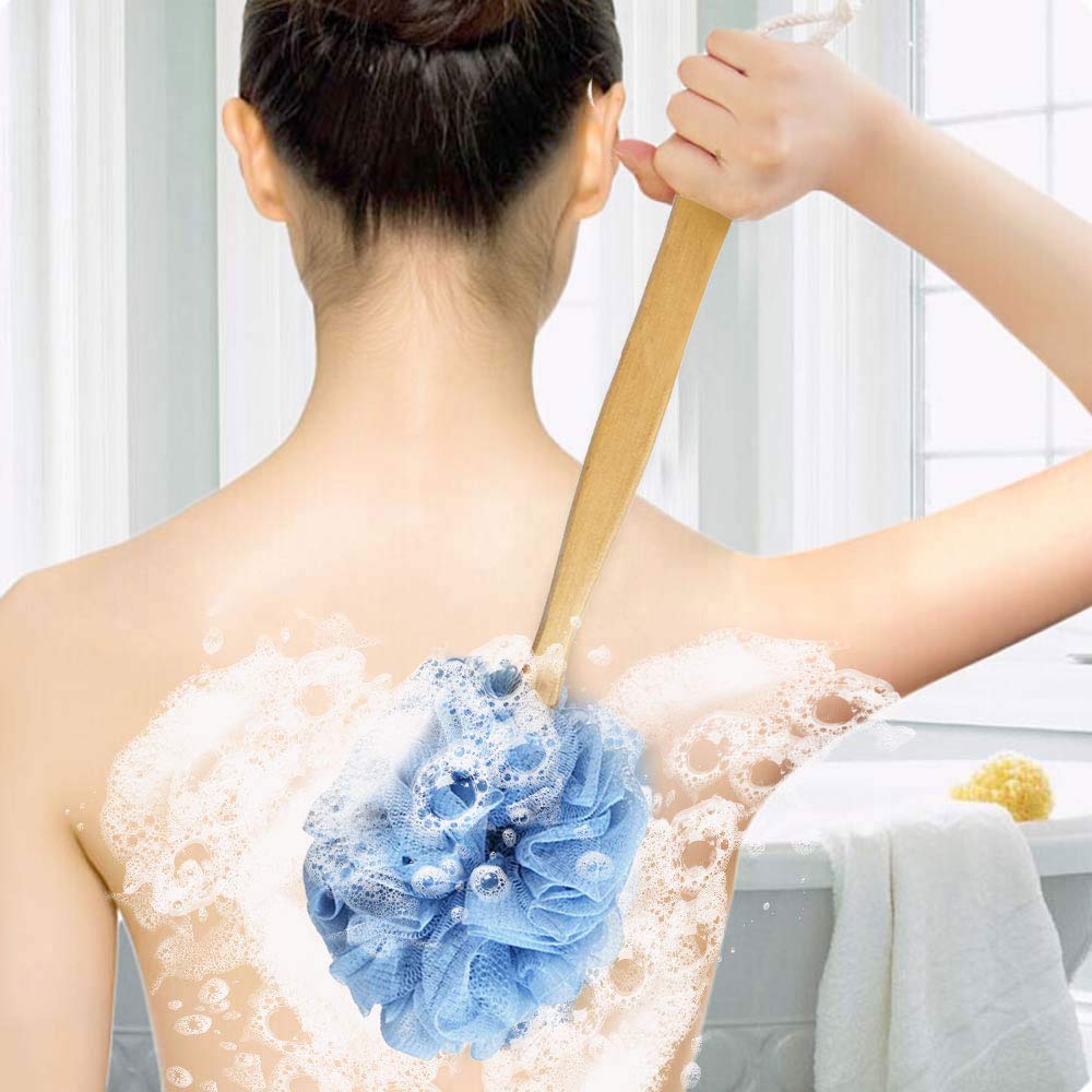 RASDDER Back Scrubber for Shower & Body, Long Handle Bath Brush with Loofah Sponge, Exfoliating Shower Brush for Men and Women