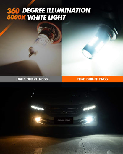 SEALIGHT H11 H8 H16 LED Fog Light Bulbs or DRL, Real 360° illumination Fog Bulbs, 6000K 400% Brightness Upgraded, H16 Front Fog Lamp,Non-polarity, Pack of 2, Plug&Play