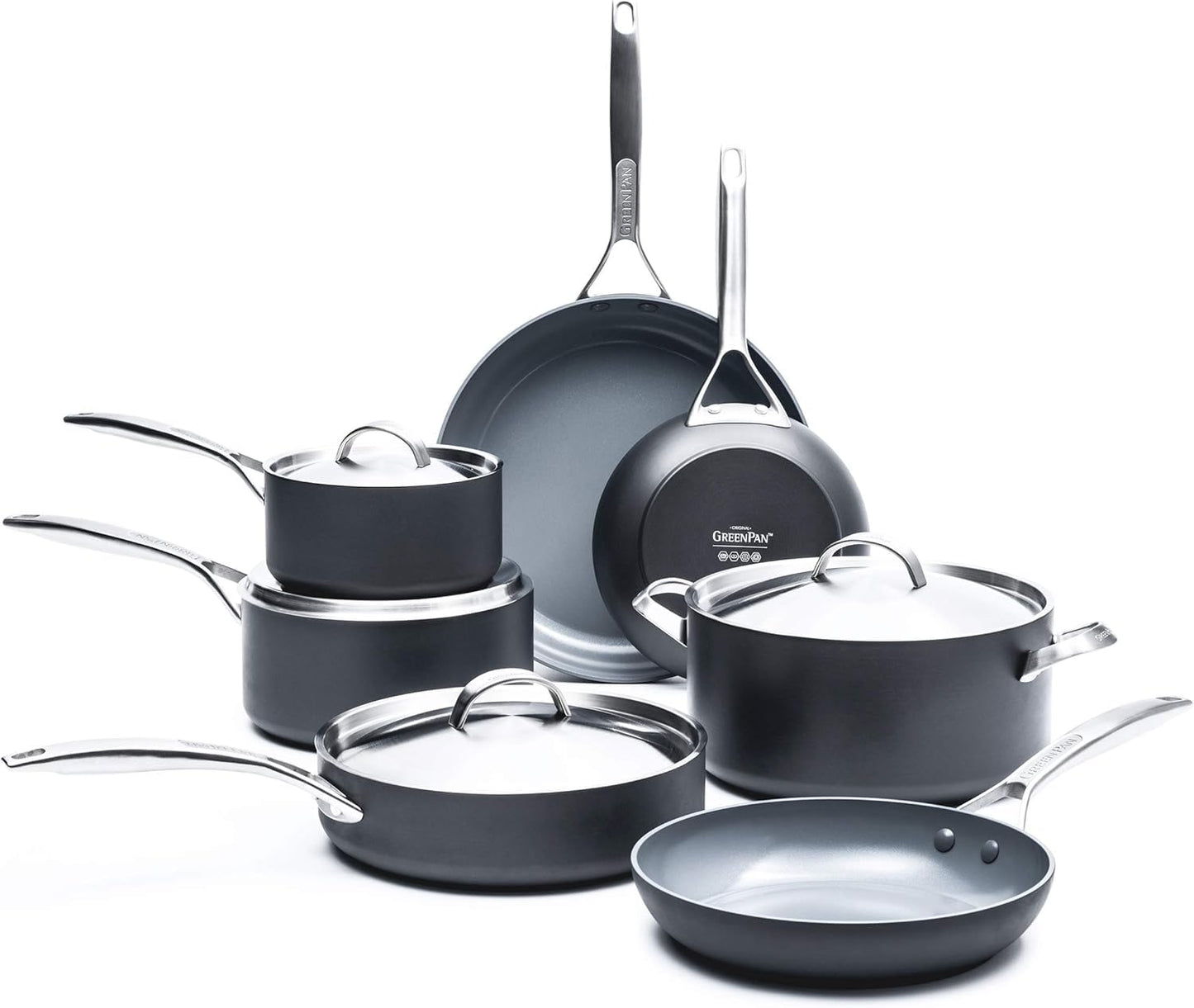 GreenPan Paris Pro Hard Anodized Healthy Ceramic Nonstick, 11 Piece Cookware Pots and Pans Set with Stainless Steel Lids, PFAS-Free, Dishwasher Safe, Grey