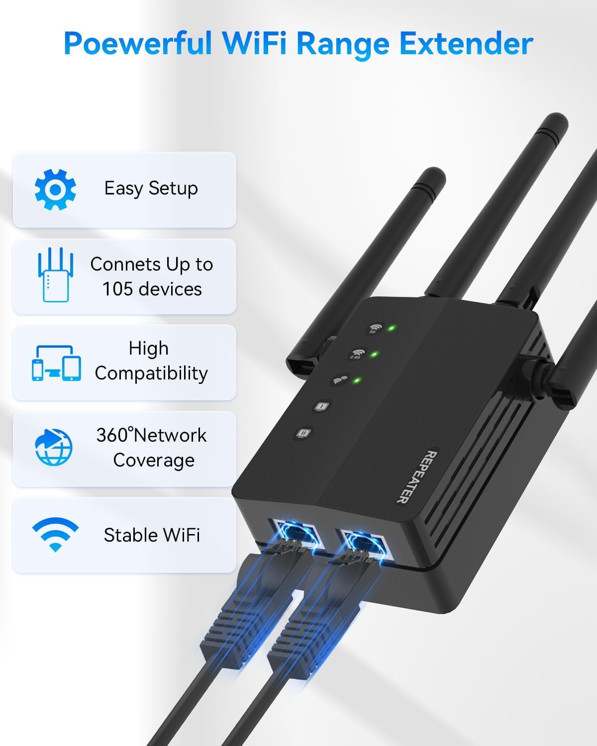 WiFi Extender Signal Booster with Dual Band 5GHz/2.4GHz, WiFi Booster Up to 12880 Sq. ft and 105 Devices, WiFi Booster with Ethernet Port, WiFi Extenders Signal Booster for Home and Outdoors