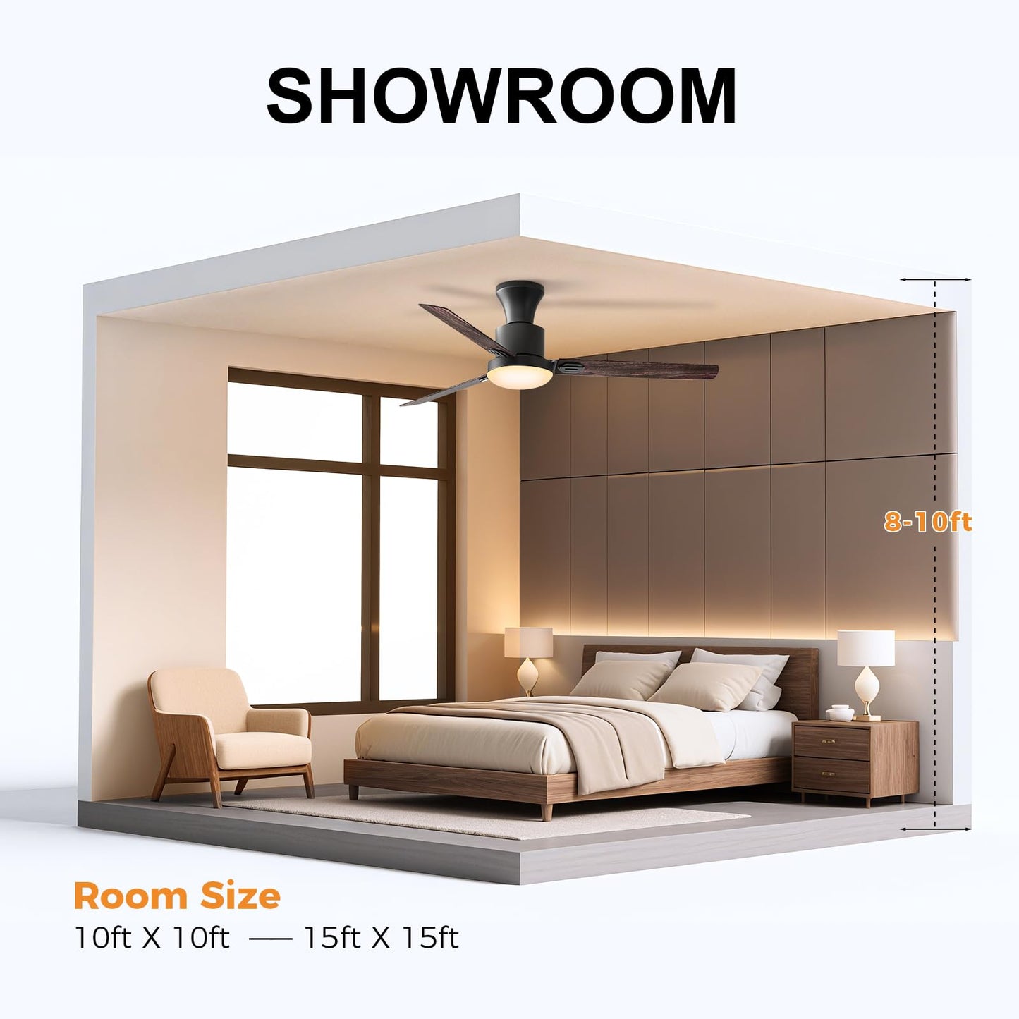 Obabala Ceiling Fans with Lights, 42 inch Flush Mount Ceiling Fan with Light and Remote Control & APP Reversible Dimmable Noiseless Ceiling Fan for Bedroom Indoor/Outdoor