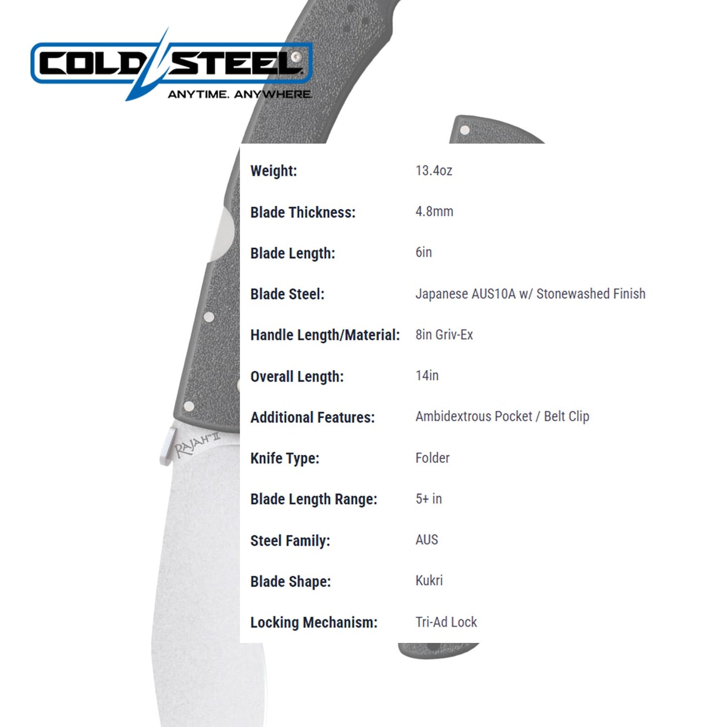 Cold Steel Rajah ll Japanese AUS10A 6" Blade 8" Griv-Ex Handle Tactical Folding Knife with Tri-Ad Lock, Ambidextrous Pocket/Belt Clip