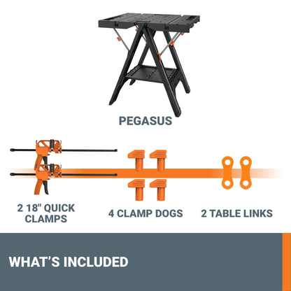 Worx Pegasus 2-in-1 Folding Work Table & Sawhorse, Easy Setup Portable Workbench, 31" W x 25" D x 32" H Lightweight Worktable with Heavy-Duty Load Capacity, WX051 - Includes 2 Clamps & 4 Clamp Dogs