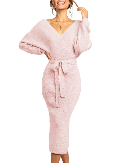 Chang Yun Women's Long Maxi Sweater Dresses Sexy Wrap Batwing V Neck Slit Open Back Holiday Bodycon Dress with Belt