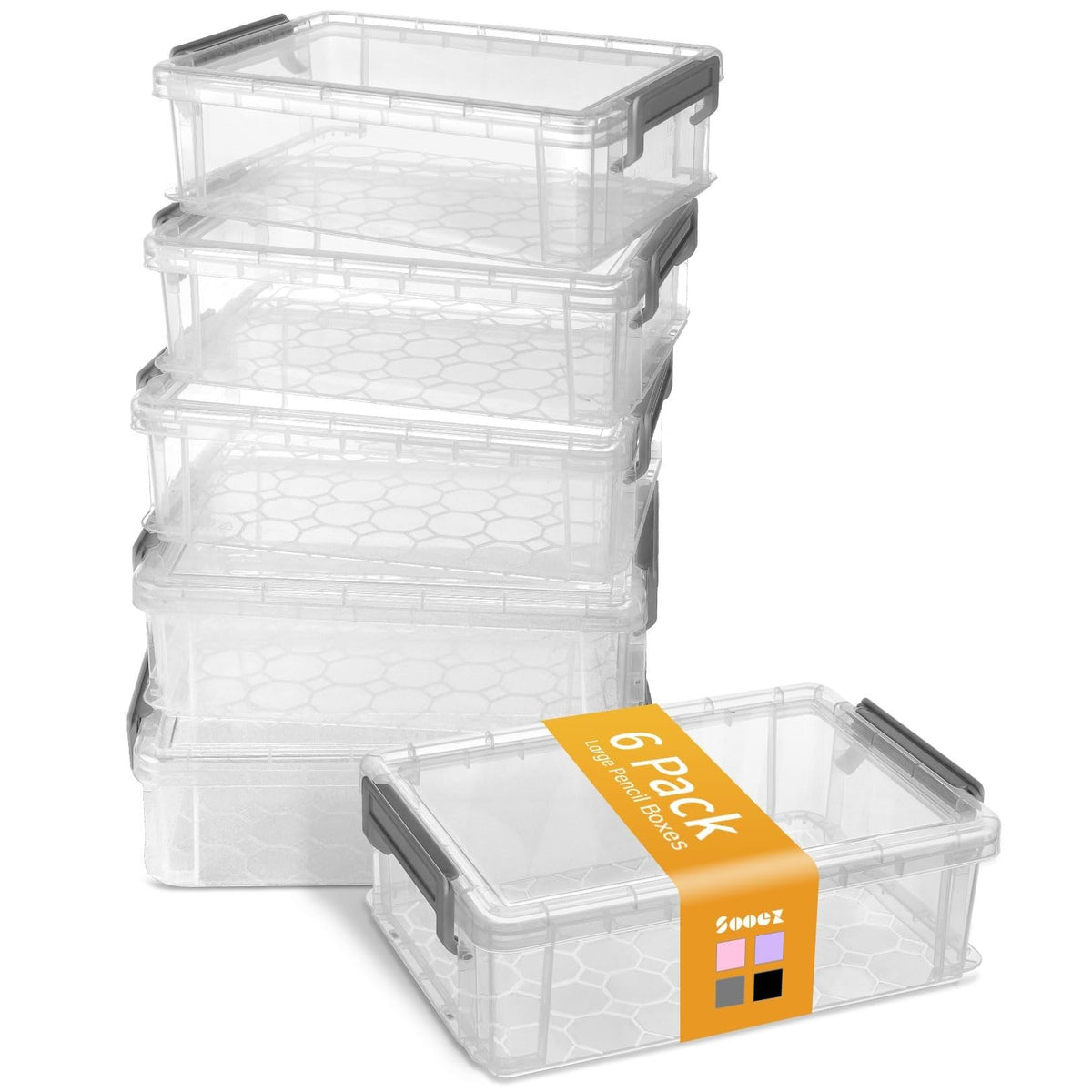 Sooez 6 Pack Extra Large Pencil Box, Plastic Pencil Case Crayon Box, Clear Marker Organizer Plastic Containers with Lid, Stackable Storage Boxes for Art Craft,Pen,Back to School Teacher Supplies, Grey