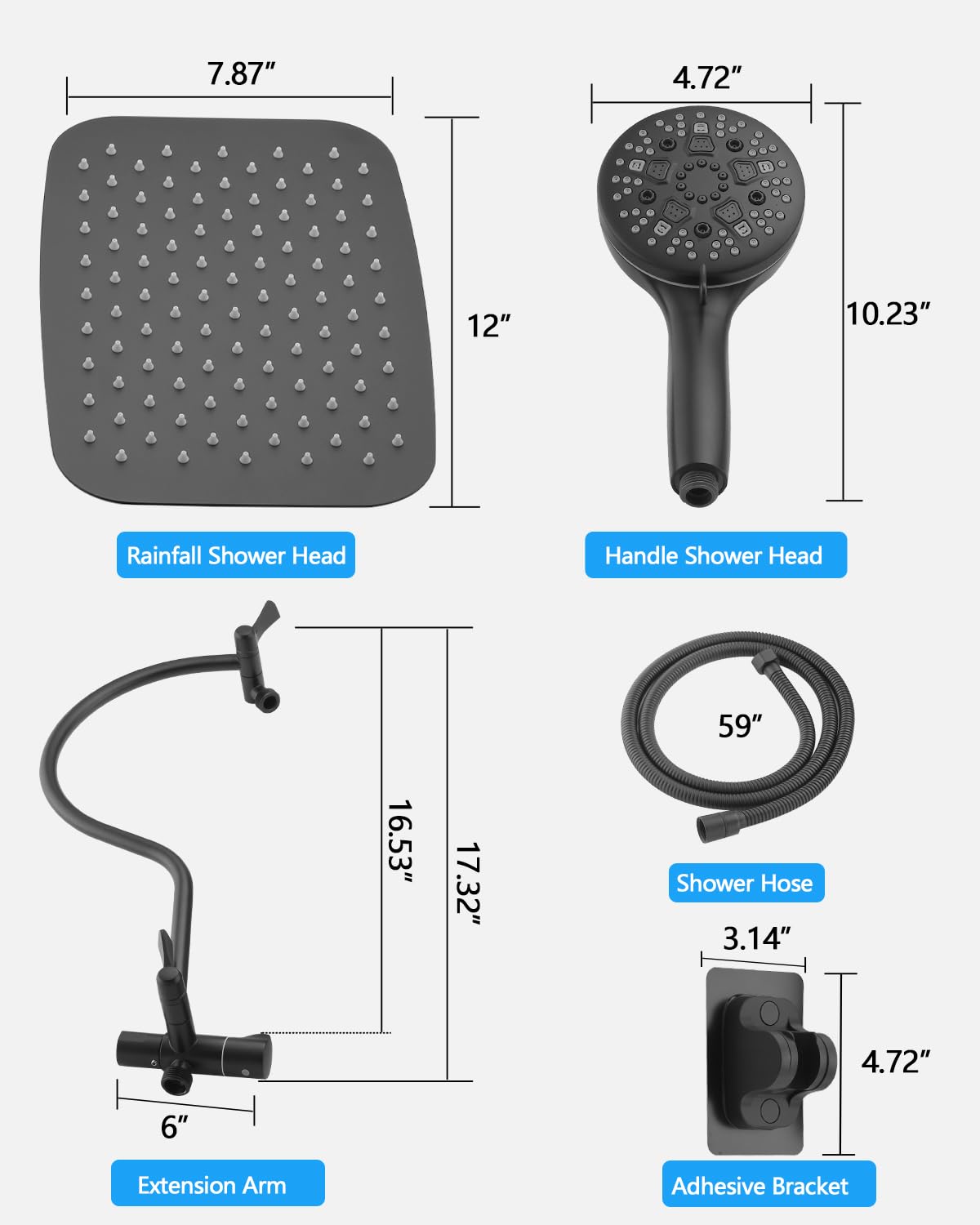 PDPBATH Rainfall Shower Head with Handheld Spray Combo, All Metal 12 Inch High Pressure Rain Showerhead with 16" Adjustable Curved Arm Build-in 3-way Diverter, Matte Black
