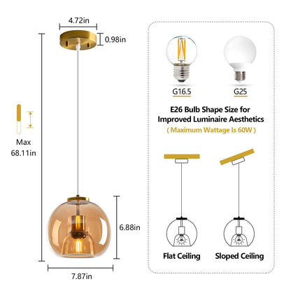 LBSQJ Amber Glass Pendant Lights Kitchen Island Gold Hanging Light Fixture Glass Globe Pendant Light Modern Pendant Lighting for Kitchen Island Bedroom Dining Room (7.87", 1 Pack)
