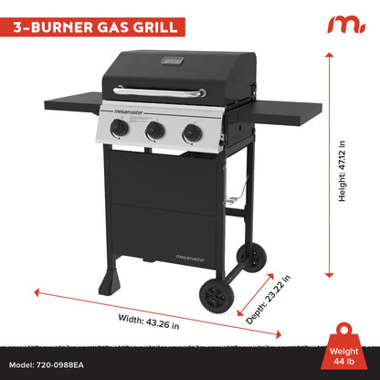 Megamaster 3-Burner Propane Gas Grill with Folding Side Tables, 30,000BTUs, 429.81 sq. in. Cooking Space, Stainless Steel Control Panel, Outdoor Kitchen Grill for BBQs, Patios, and More - 720-0988EA