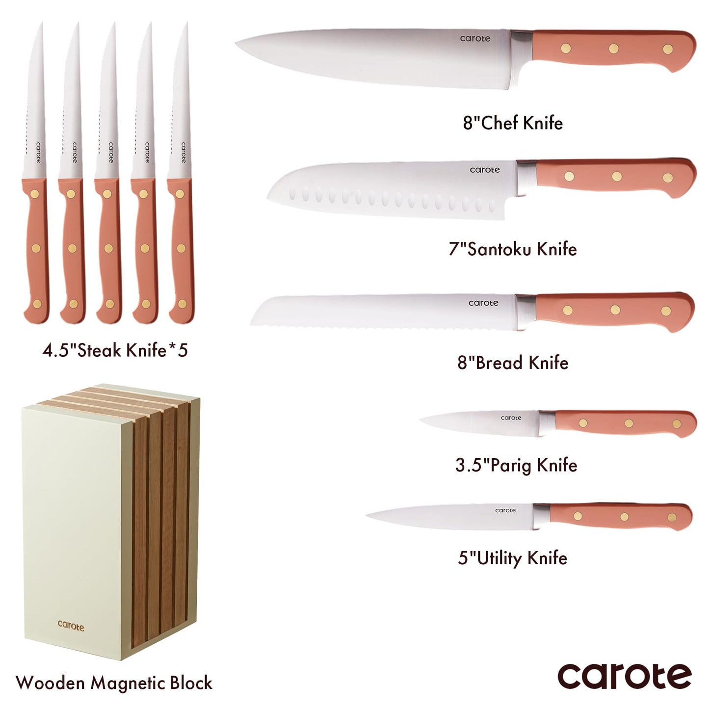 CAROTE 11 Pieces Knife Set with Block for kitchen, Stainless Steel Razor-Sharp Blade, Triple Riveted Ergonomic Handle, Wooden Magnetic Block, Essential Knife Block Set, Pink