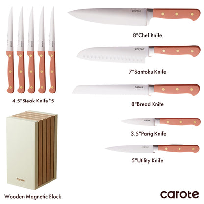CAROTE 11 Pieces Knife Set with Block for kitchen, Stainless Steel Razor-Sharp Blade, Triple Riveted Ergonomic Handle, Wooden Magnetic Block, Essential Knife Block Set, Pink