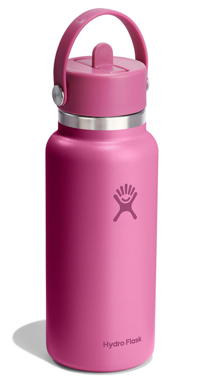 Hydro Flask Water Bottle - Insulated Stainless Steel - Wide Mouth Flex Straw Lid, Non Spill, Leakproof and Refillable in 32 Oz Reef Pink
