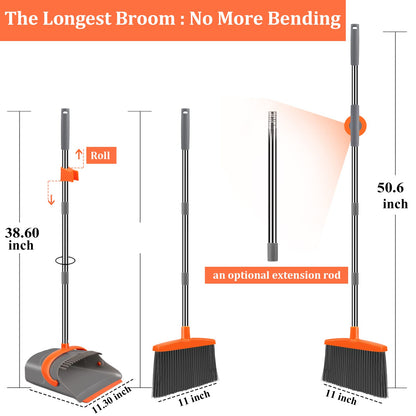 Broom and Dustpan Set for Home, Broom and Dustpan Combo for Office, Long Handle Broom with Upright Standing Dustpan,Indoor&Outdoor Sweeping (Gray&Orange)