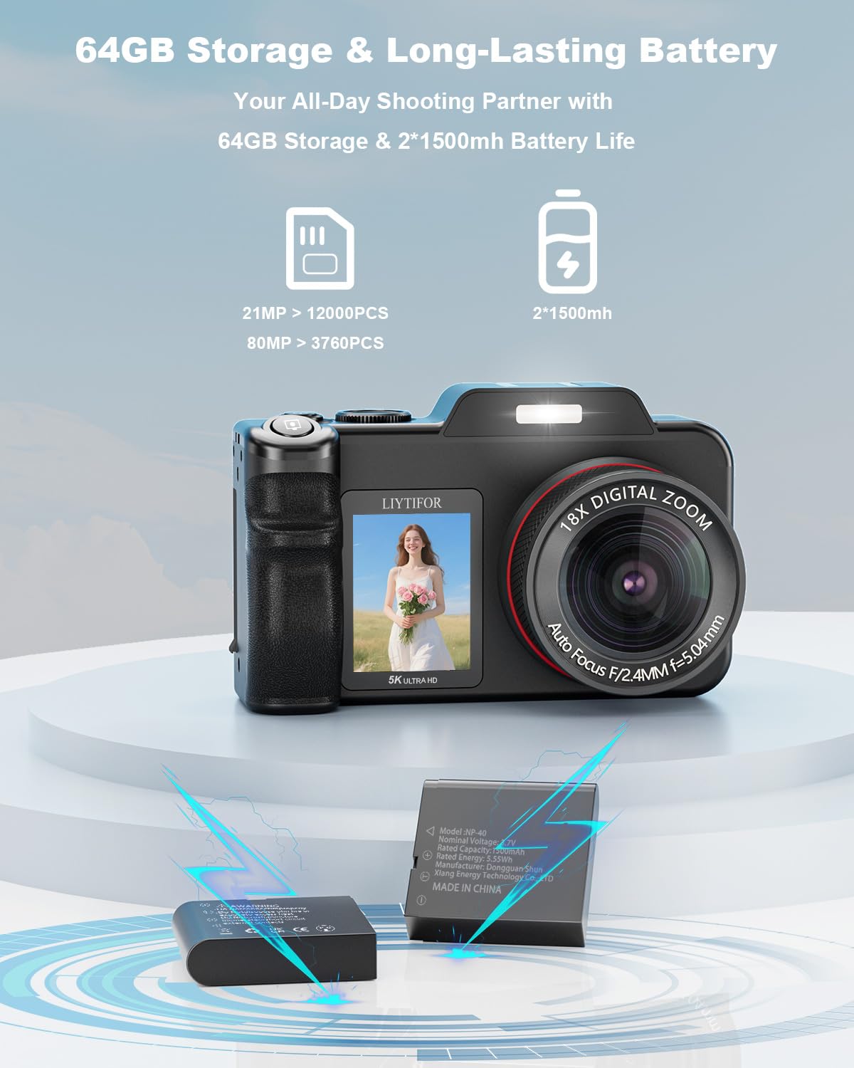 5K Digital Camera for Photography, 80MP 3.5"+2" Dual Screen for Self-Framing 18X Zoom Autofocus Vlogging Camera for YouTube/Content Creators/Travel, Includes 64GB Card + 2 Batteries & Flash, LIYTIFOR