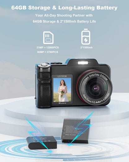 5K Digital Camera for Photography, 80MP 3.5"+2" Dual Screen for Self-Framing 18X Zoom Autofocus Vlogging Camera for YouTube/Content Creators/Travel, Includes 64GB Card + 2 Batteries & Flash, LIYTIFOR