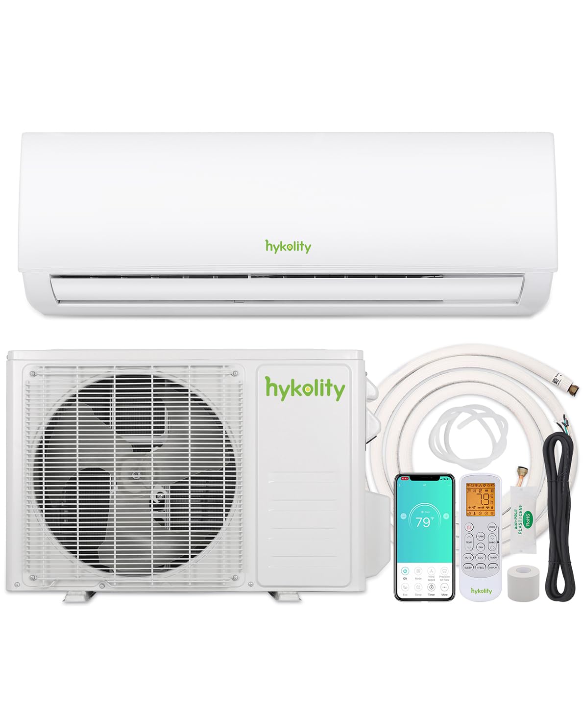 Wifi Enabled 9,000 BTU Mini Split Air Conditioner & Heater, 19 SEER2 115V Split AC Unit Ductless Inverter System with Heat Pump, Installation Kits - Cools Rooms up to 450 Sq.Ft