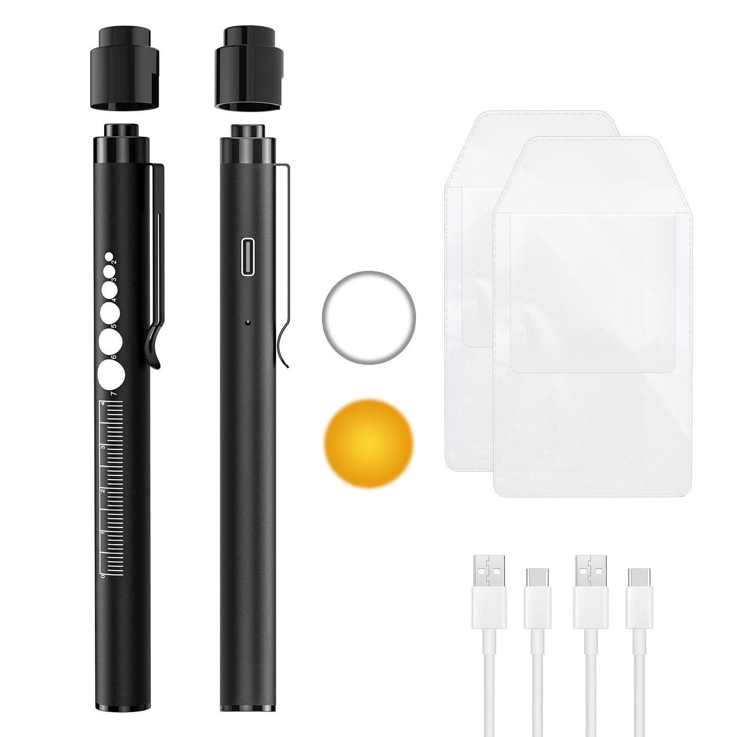 COSOOS 2 Rechargeable Pen Lights with Pupil Gauge, Ruler & 2 Pocket Protectors, LED Penlights for Nurse Doctor, Warm/White Light, USB-C Rechargeable Penlight Flashlight for Nursing Student