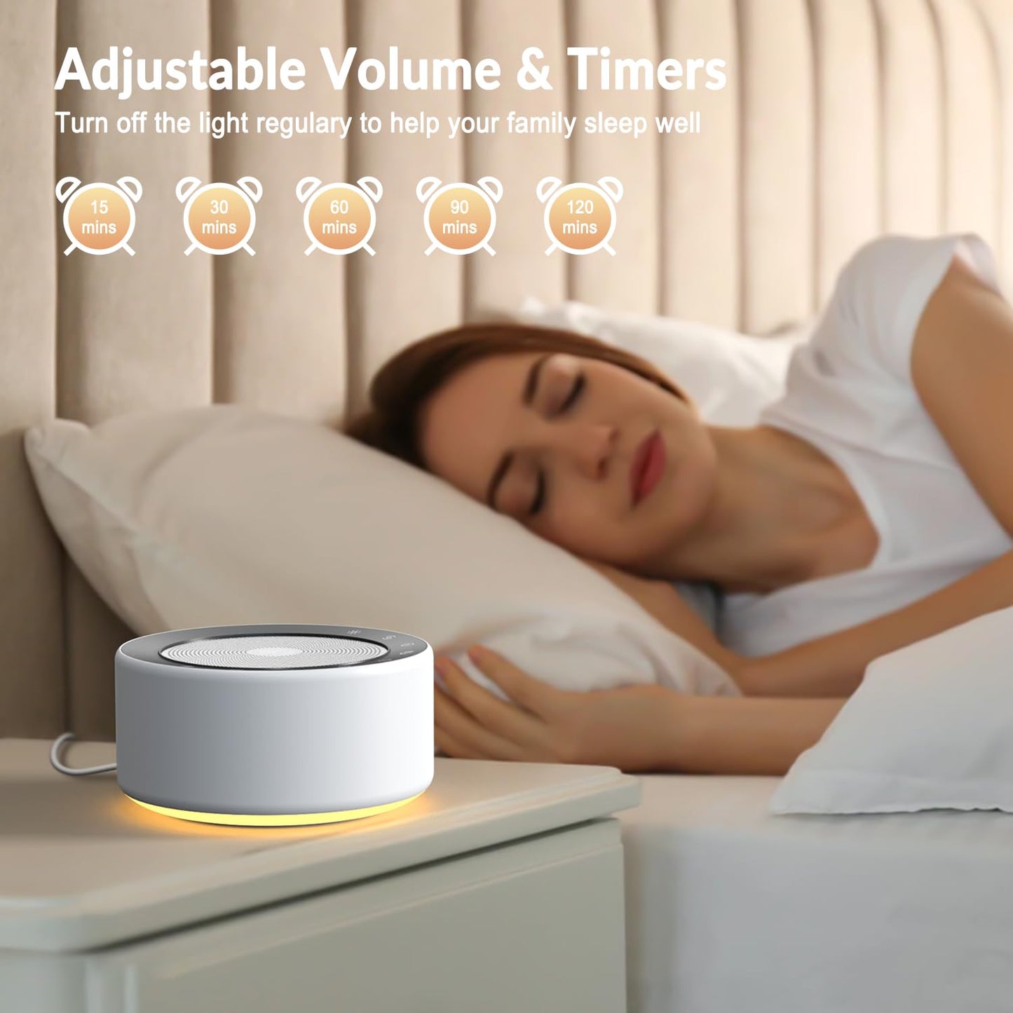 Kipcush White Noise Sound Machine with Nursery Lamp, Mood Lighting, 7 Colour Night Light, 30 Soothing Sounds for Baby/Adult. Timer, Plug in, Memory Function, Touch Control