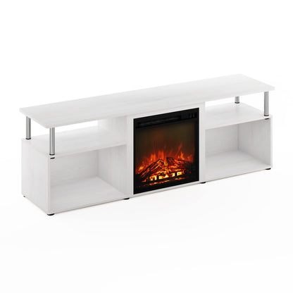 Furinno Jensen Open Storage Fireplace Entertainment Center for TV up to 70 Inch with Stainless Steel Tubes, White Oak/Chrome