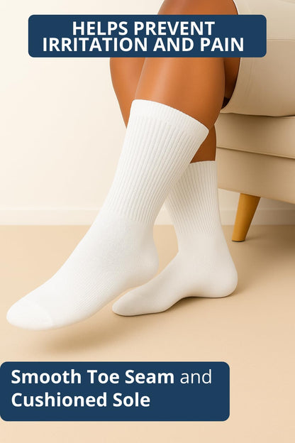 Special Essentials Diabetic Socks for Men & Women – 12 Pairs of Non-Binding Extra Wide Top Cotton Neuropathy Socks – Crew Length, White, 13-15
