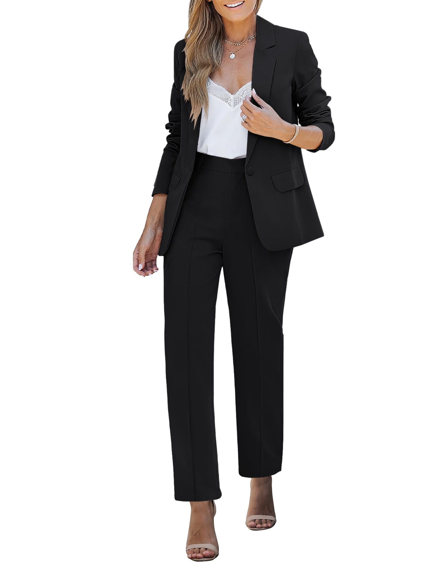 luvamia Women's Two Piece Sets Pants Suits Dressy Business Casual Outfits Professional Blazer Pantsuits Set Work Office Black X-Large Fits US 16-18