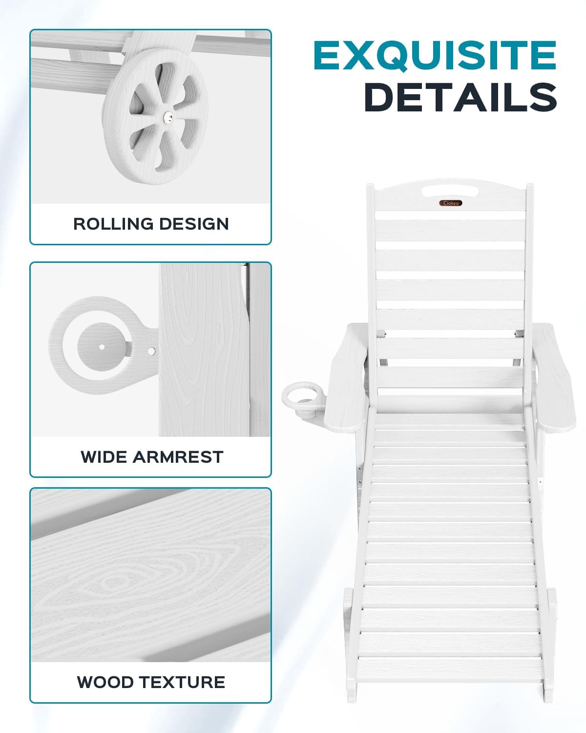 Outdoor Chaise Lounge Chair Set of 2, Patio Lounge Chairs for Outside, HDPE Lounge Chairs with Wheels & Cup Holder, Poly Lounge Chair with 5 Position for Poolside, Deck, White