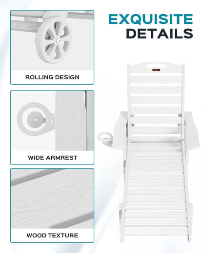 Outdoor Chaise Lounge Chair Set of 2, Patio Lounge Chairs for Outside, HDPE Lounge Chairs with Wheels & Cup Holder, Poly Lounge Chair with 5 Position for Poolside, Deck, White