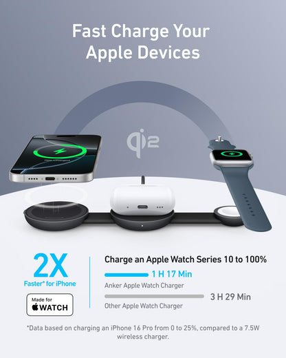 Anker MagSafe Compatible MagGo UFO 3-in-1 Charger, iPhone 16 Wireless Charging Station, 15W Qi2 Certified, Foldable Travel Charging Pad, for iPhone 16/15/14, AirPods, Apple Watch (Not a Power Bank)