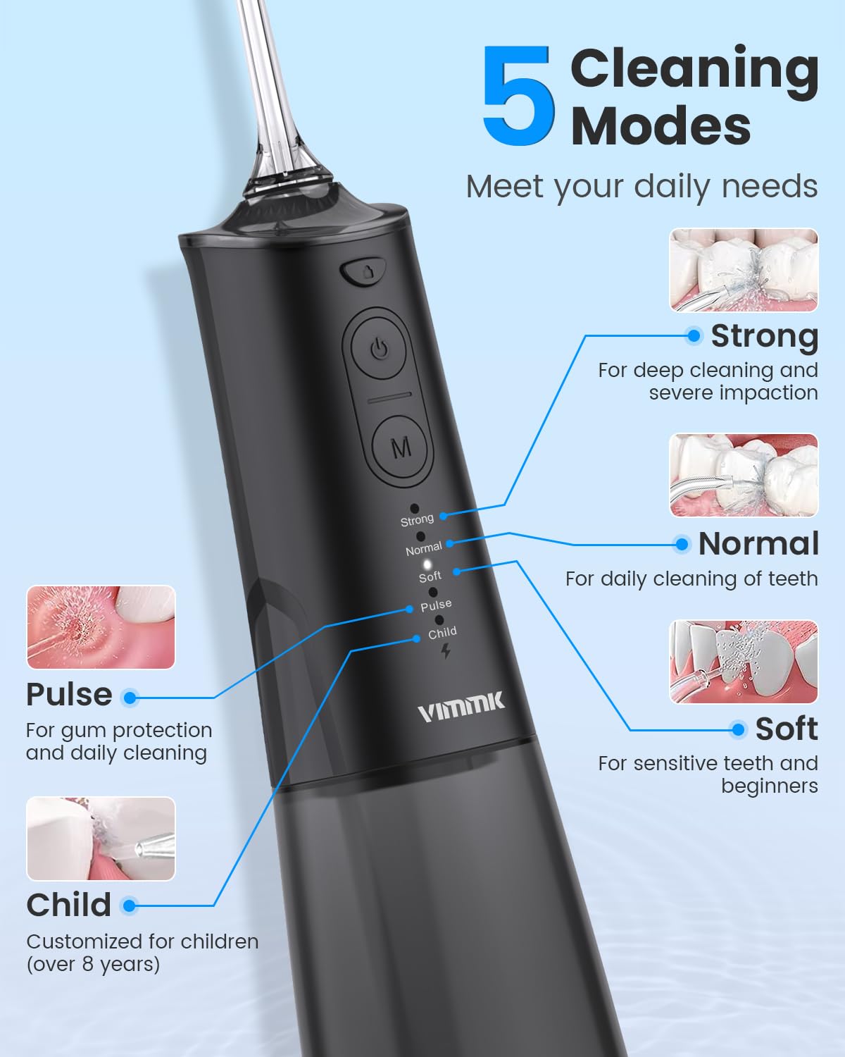 VIMMK Water Flosser, Cordless Water Dental Flosser, 9 Jet Tips 5 Modes 300ML IPX7 Waterproof, Portable Rechargeable Oral Irrigator for Home Travel - Gums, Orthodontic, Braces Care - Black