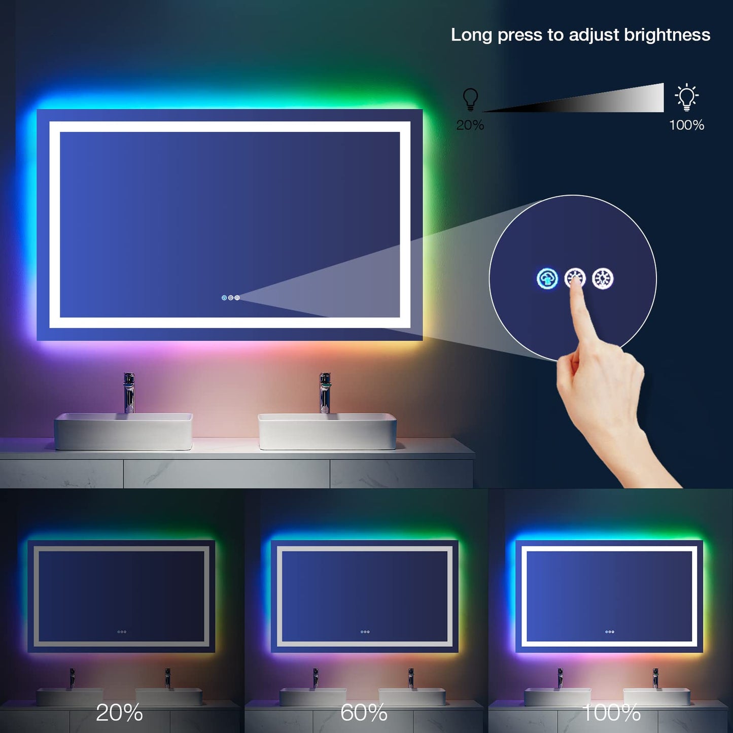 LOAAO 72”X40“ RGB LED Bathroom Mirror with Lights, Large, Anti-Fog, Dimmable Smart Lighted Bathroom Vanity Mirror, Multiple Light Modes, RGB Backlit + Front Light, Memory Function, Tempered Glass