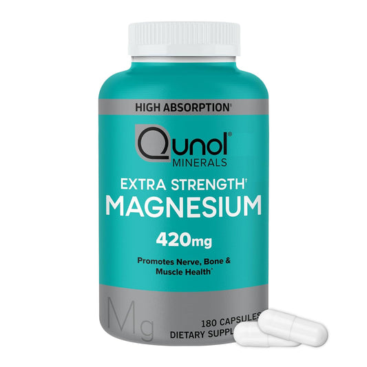 Qunol Magnesium Capsules 420mg, 100% DV, High Absorption Magnesium Supplement, Extra Strength, Bone and Muscle Health Supplement, 180 Count
