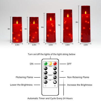 kakoya Flameless LED Candles with Timer 5 Pc Flickering Flameless Candles for Romantic Ambiance and Home Decoration Stable Acrylic Shell,with Embedded Star String，Battery Operated Candles（Red）