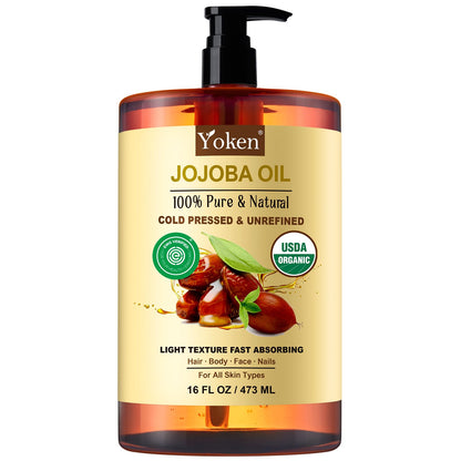 Yoken Pure Jojoba Oil Organic USDA Certified 16 fl oz, 100% Natural Jojoba Oil for Hair, Skin & Face, Cold Pressed Unrefined, Deeply Body Moisturizer Jojoba Carrier Oils for Essential oil Mixing