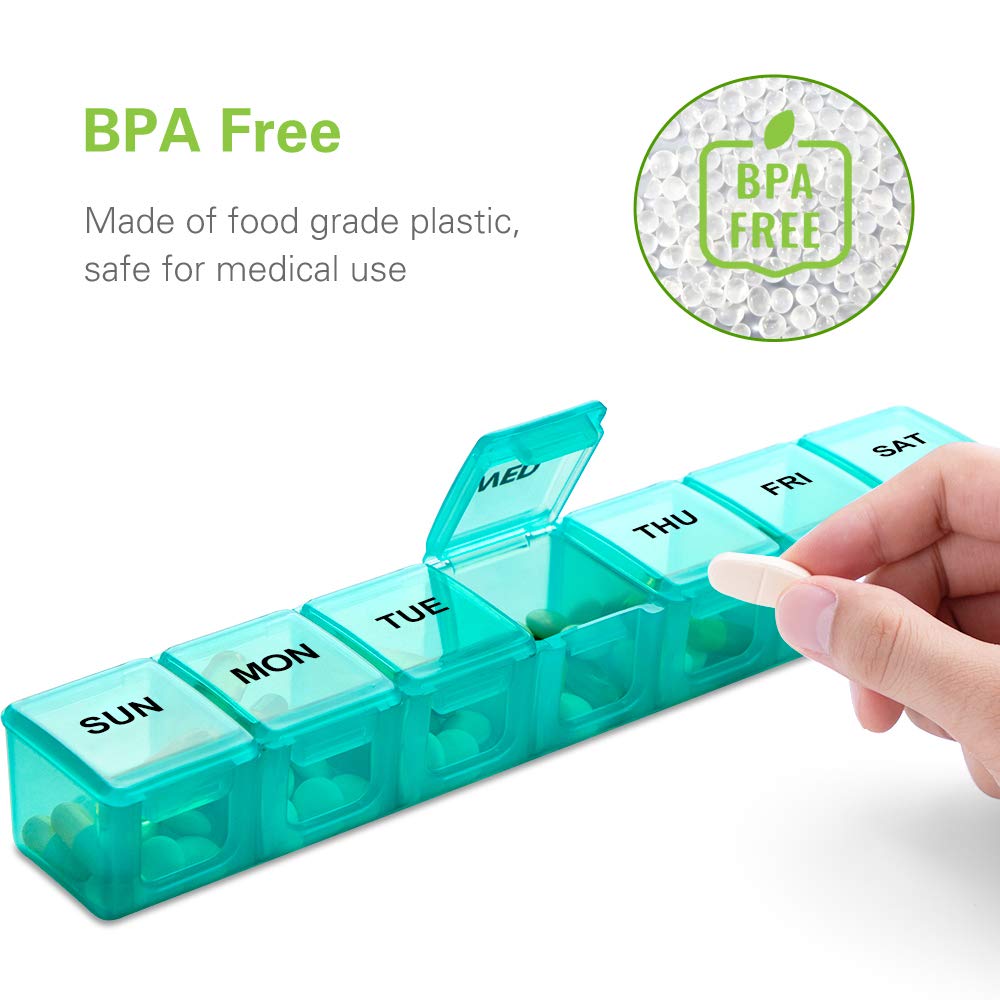 BUG HULL Weekly Pill Organizer Large 2 Packs, Extra Large Travel Pill Organizers, Pill Box 7 Day, Travel Pill Case, Medicine Pill Organizer for Vitamins, Supplements and Medications (Blue+Green)