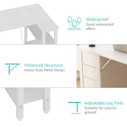 Lufeiya White L Shaped Computer Desk with Drawers & Storage Shelves, 47 Inch Corner Reversible Desk with Power Outlet for Home Office Bedroom, L-Shaped Teen PC Desks with Fabric Drawer, White