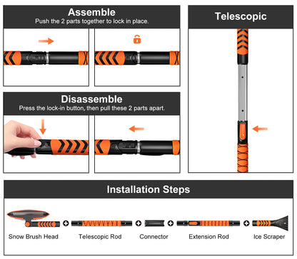 Nuovoware 60" Ice Scraper and Extendable Snow Brush for Car Windshield, 5 in 1 Adjustable Snow Removal Tools with 270° Pivoting Brush Head for Car Auto Truck SUV, Orange