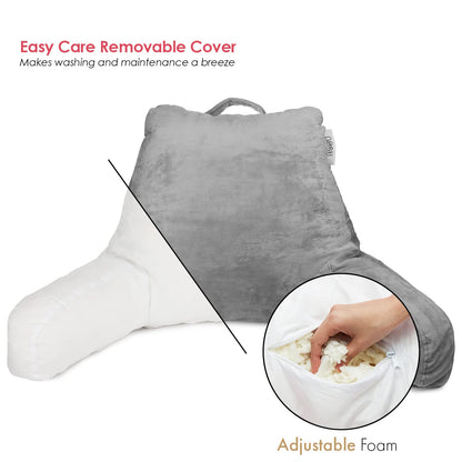 Nestl Reading Pillow Standard Bed Pillow, Back Pillow for Sitting in Bed Shredded Memory Foam Chair Pillow, Reading & Bed Rest Pillows Grey Back Pillow for Bed, Bed Chair Arm Pillow with Pockets