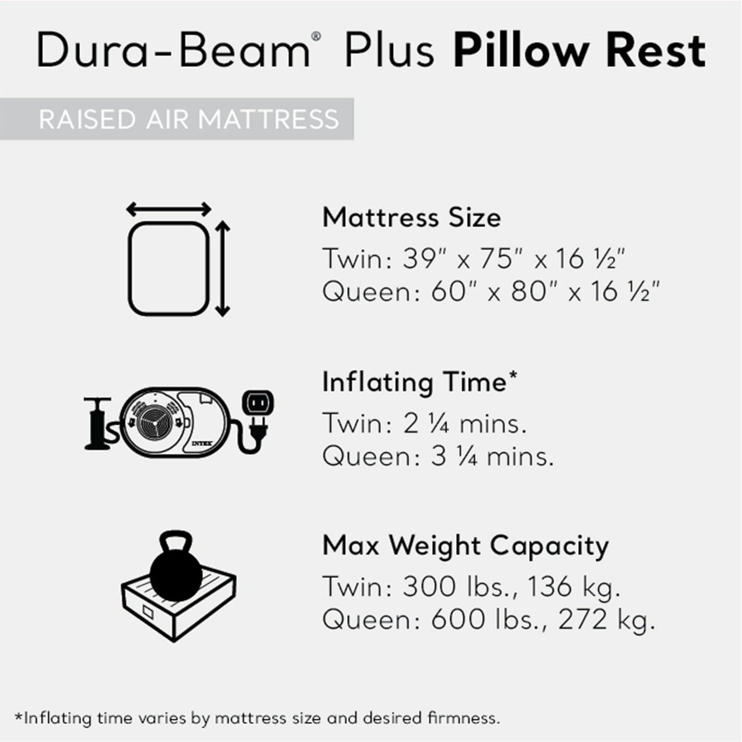 Intex Raised Airbed Mattress with Built-in Pump, Dura-Beam Plus Pillow, Twin - Portable Inflatable Luxury Blow-Up Bed for Adults, Camping, Guests