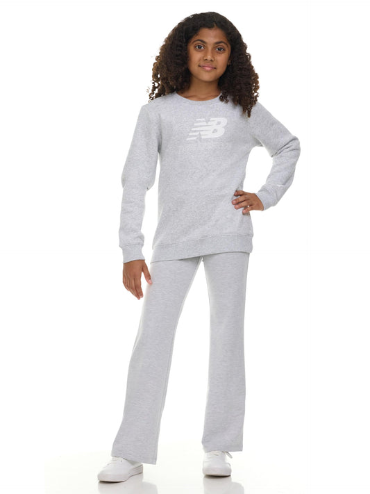 New Balance Girls 2 Piece Set – Crewneck Sweatshirt & Flared Leggings Set, Soft Cotton Blended Fleece Premium Activewear Grey Heather