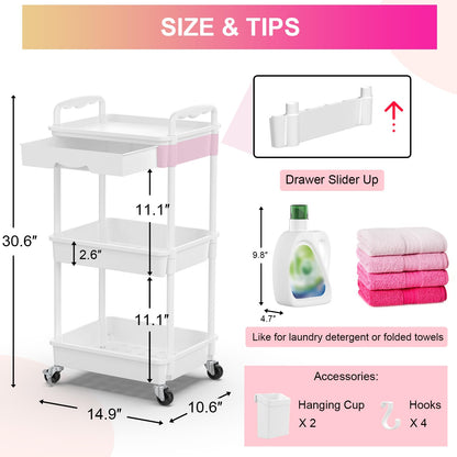 Goovilla 3 Tier Rolling Utility Cart Organizer with Removable Drawer, Stable and Sturdy White Rolling Storage Carts with 2 Lockable Wheels for Bathroom, Kitchen, Snack, Craft, Makeup, Baby Essentials