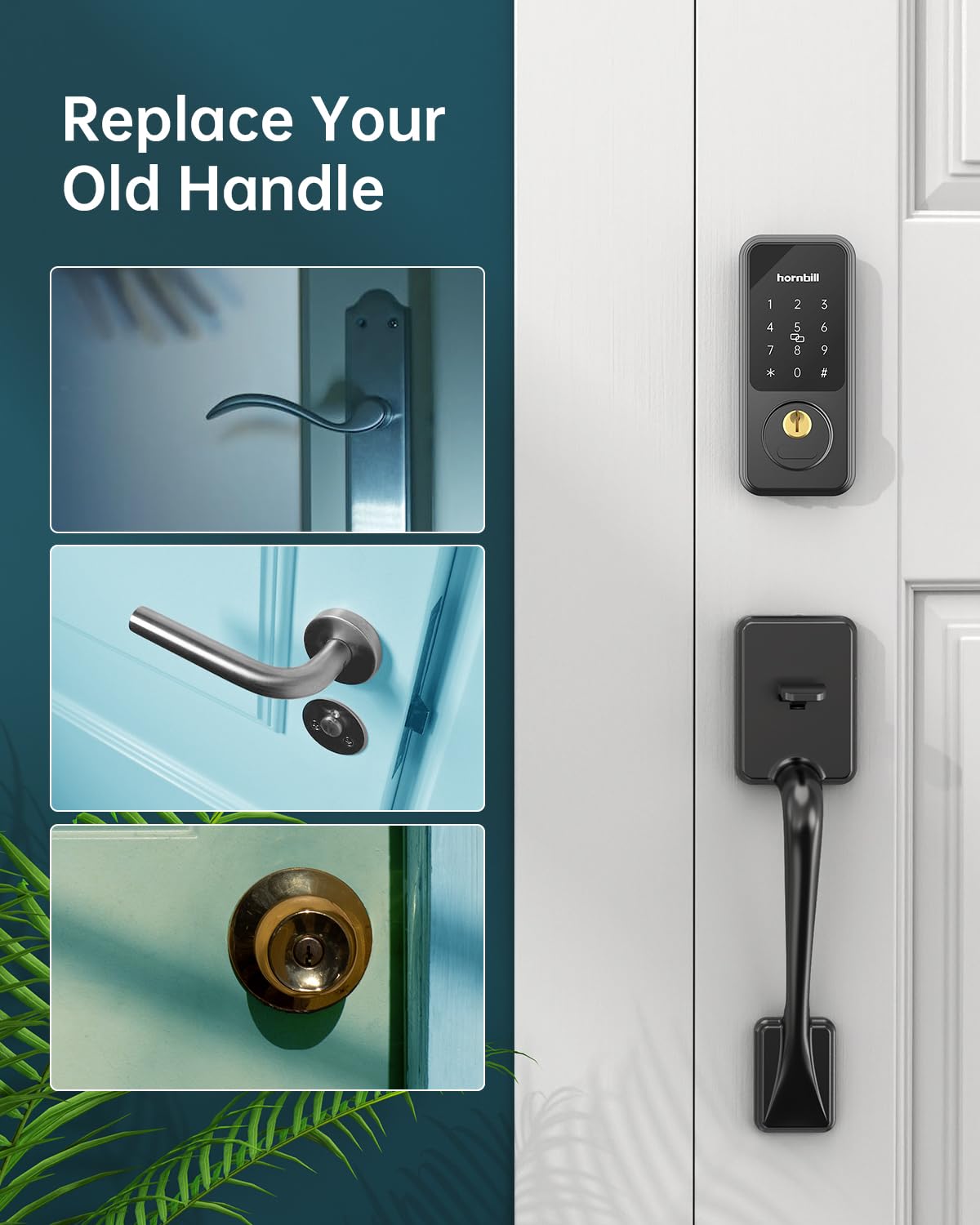 Keyless Entry Door Lock with Handle, Hornbill Smart Front Door Lock Set, Electronic Keypad Deadbolt Lock, Alexa Front Door Handle Set, Digital Lock via Bluetooth APP/Keyfob/Auto Lock-Matte Black
