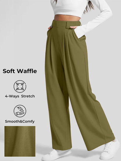 EVALESS Women's Wide Leg Pants with Pockets High Waisted Office Business Casual Dressy Plain Comfy Waffle Knit Lounge Pants for Ladies Olive Green Large