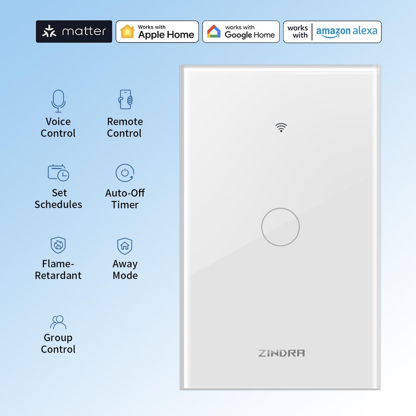 Smart Matter Light Switch, 2.4G WiFi Touch Wall Switch (Neutral Wire Required), Single-Pole Smart Switch Works with Apple Home, Alexa, Google Home & SmartThings, Tempered Glass Panel, White