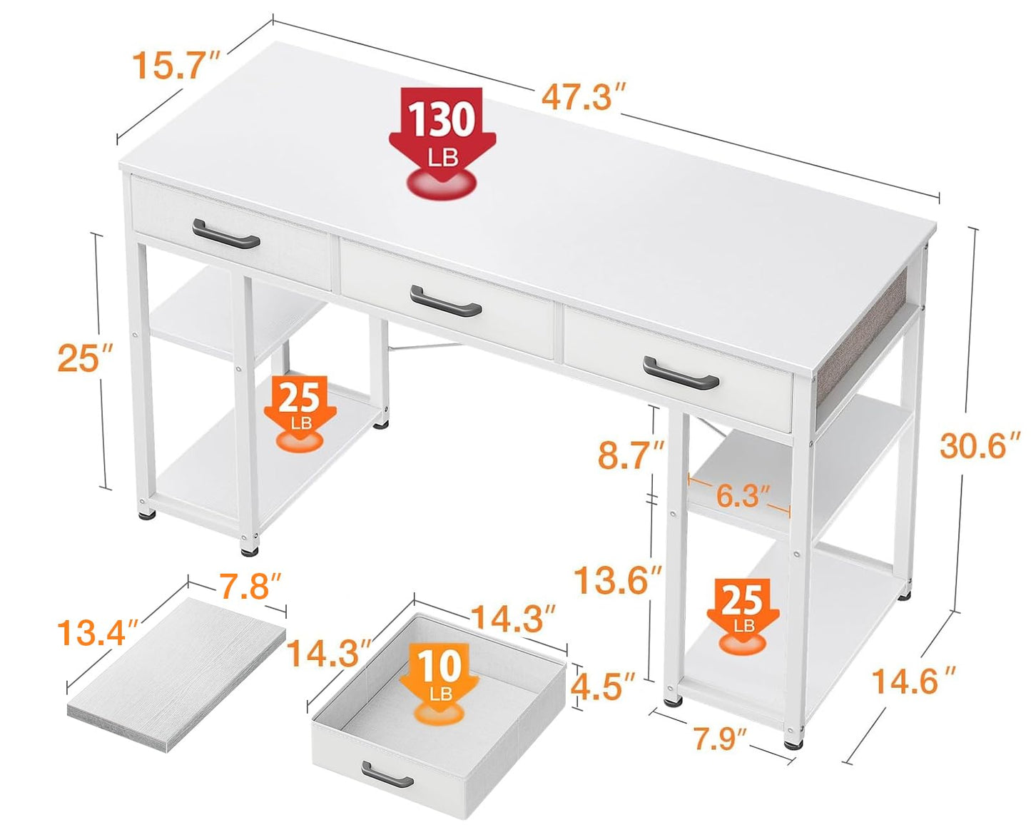 ODK Office Small Computer Desk: Home Table with Fabric Drawers & Storage Shelves, Modern Writing Desk, White, 48"x16"