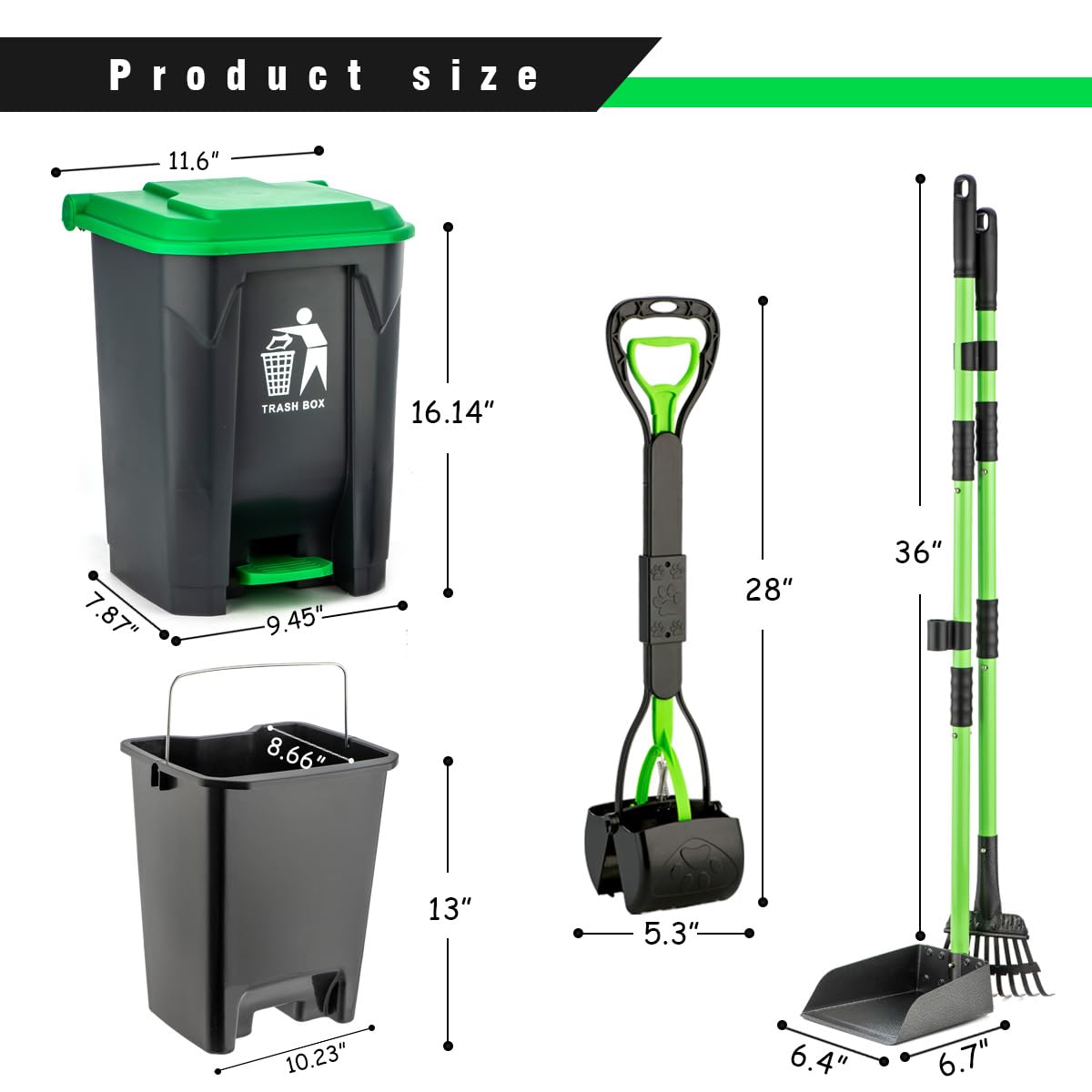 MXF Pooper Scooper Set, Dog Poop Trash Can for Outdoors with 20 Waste Bags, 15 Litre Step Dog Poop Trash Can w/Removable Inner Bucket, 28" Dog Pooper Scooper and Long Handle Stainless Metal Tray&Rake