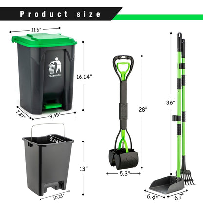 MXF Pooper Scooper Set, Dog Poop Trash Can for Outdoors with 20 Waste Bags, 15 Litre Step Dog Poop Trash Can w/Removable Inner Bucket, 28" Dog Pooper Scooper and Long Handle Stainless Metal Tray&Rake