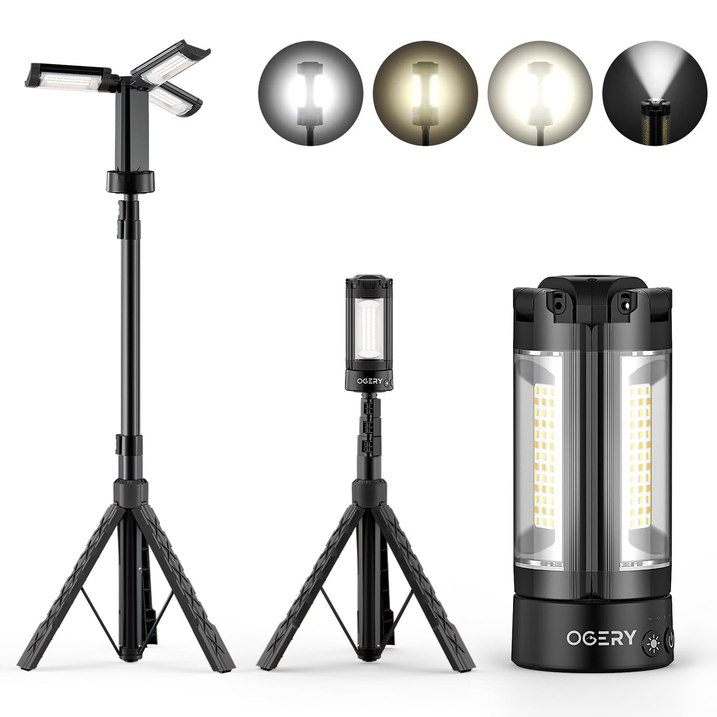 OGERY Rechargeable 10000mAh Camping Light with Stand 6.5 ft Max Height, Cordless Work Light with 3 LED Lamp Heads, 2200 Lumens Dimmable Magnetic Emergency Flashlight with Detachable Tripod, Black