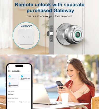 KLLOQUE Fingerprint Door Lock, Smart Fingerprint Door Knob with Lock, Biometric Door Locks with App Control & Key, Keyless Thumbprint Entry Door Locks for Bedroom, Front Door, Home, Apartment-Silver