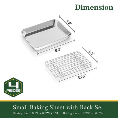Baking Sheet Cooling Rack Set: 2PCS Stainless Steel Cookie Pan for Toaster Oven with Wire Rack Size 9 x 6.9 x 1 Inch - Nonstick Heavy Duty & Dishwasher Safe Cooking Tray for Roasting Bacon