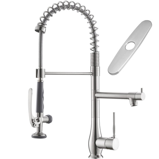 GIMILI Kitchen Faucet with Pull Down Sprayer Single Handle High Pressure Brushed Nickel Kitchen Sink Faucet Commercial Double-Headed Stainless Steel Kitchen Faucets Sink with Deck Plate